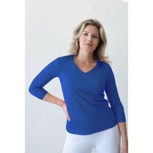 Judy P Karen Relaxed Fit 3/4 Sleeve Tee V Neck Sz XL Teal Shirt Top Made USA *b